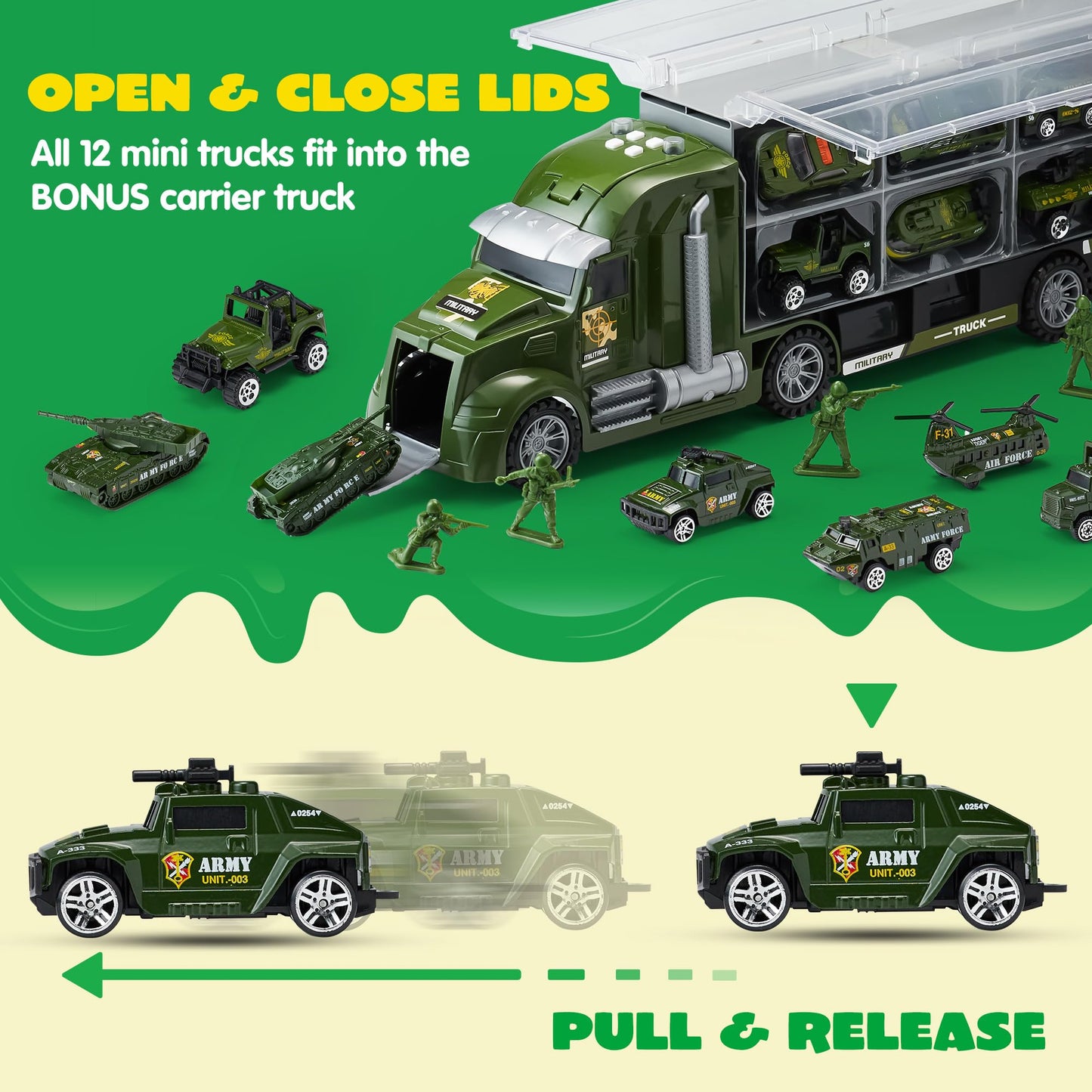 JOYIN 25 in 1 Military Kids Truck Toys for Age 3+, Toddler Boy Toys, Army Men Tanks Set with Soldier Men, Mini Battle Cars in Carrier Truck with Lights and Sounds, Gifts for Grandkids, Easter Basket