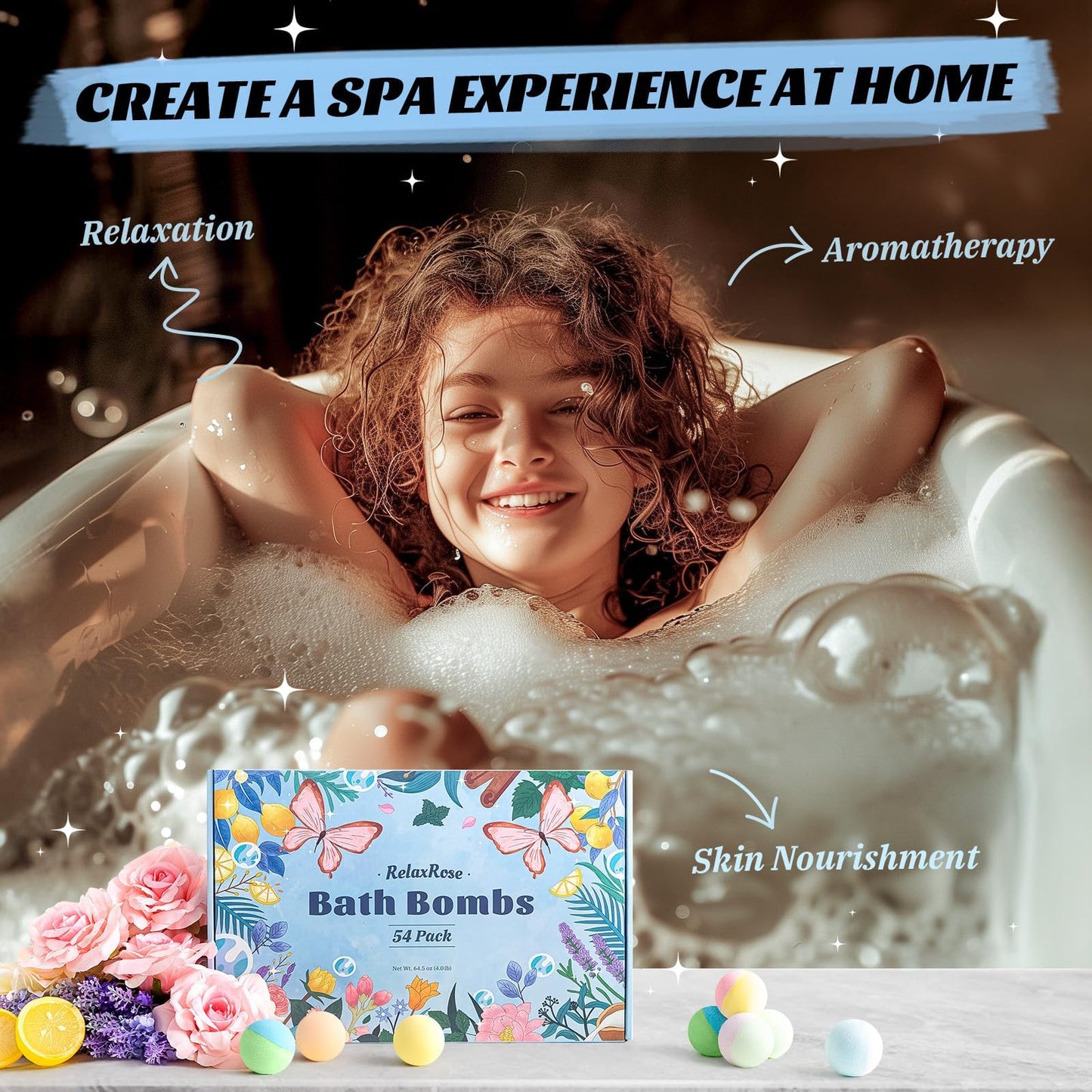 54 Pack Handmade Bath Bombs with 11 Vibrant Colors and 9 Unique Scents, Long-Lasting Fizzy Bubbles & Colorful Magic, 7-Minute Dissolve for Relaxation, Perfect Bubble Bombs Gift for Valentine's Day