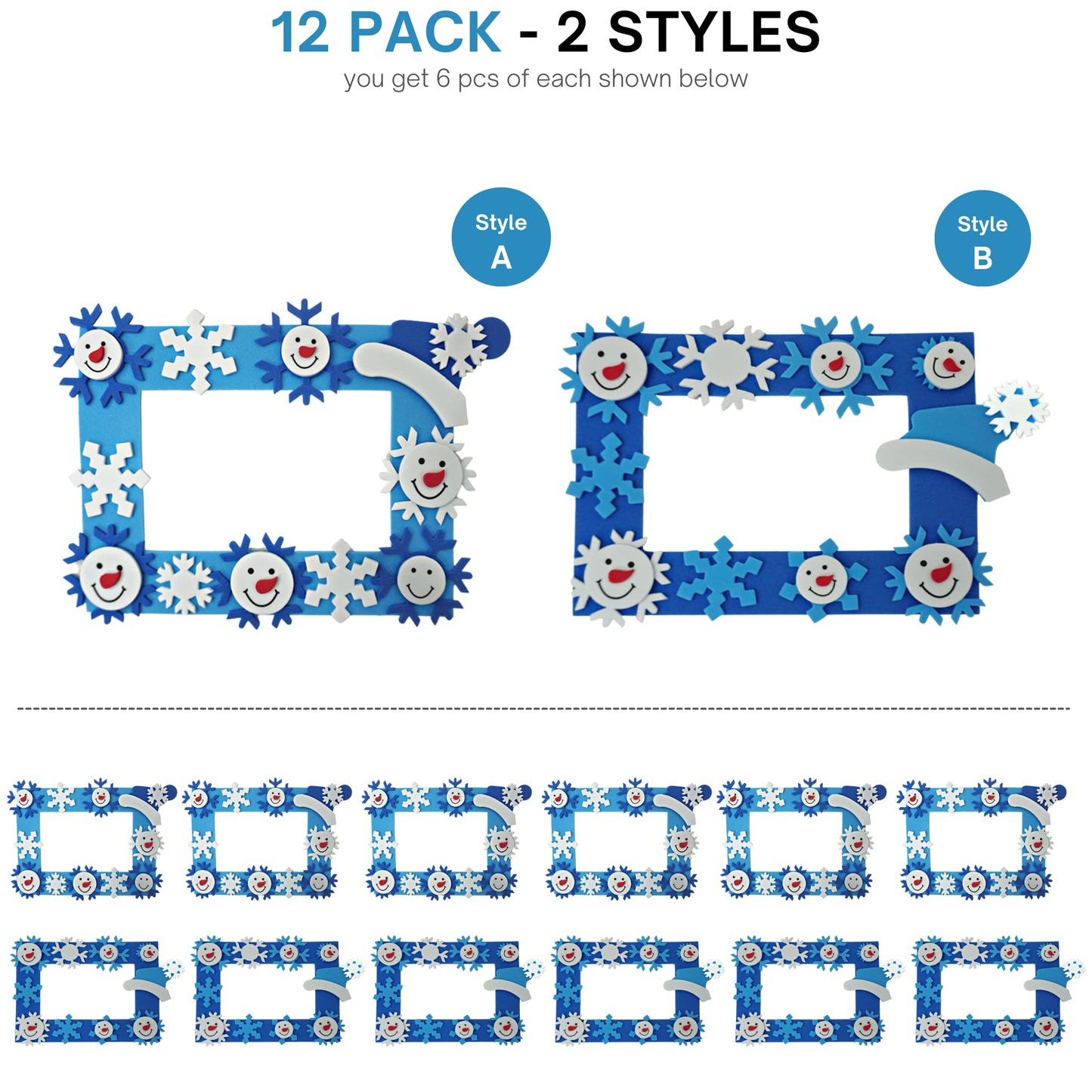 4E's Novelty Foam Snowflake Picture Frame Craft (12 Pack) Bulk Christmas Winter Crafts for Kids Toddlers 3-12, Individually Wrapped Arts & Crafts for Classroom