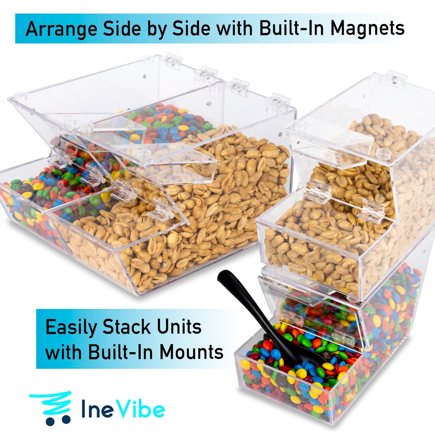 IneVibe Candy Bin Topping Dispenser - Acrylic Bulk Sprinkle Container w/Scoop, Stackable & Magnetic for Multiple Holders on Shelf - Commercial Setting for Cereal, Nuts, Candies & Snack Food Storage