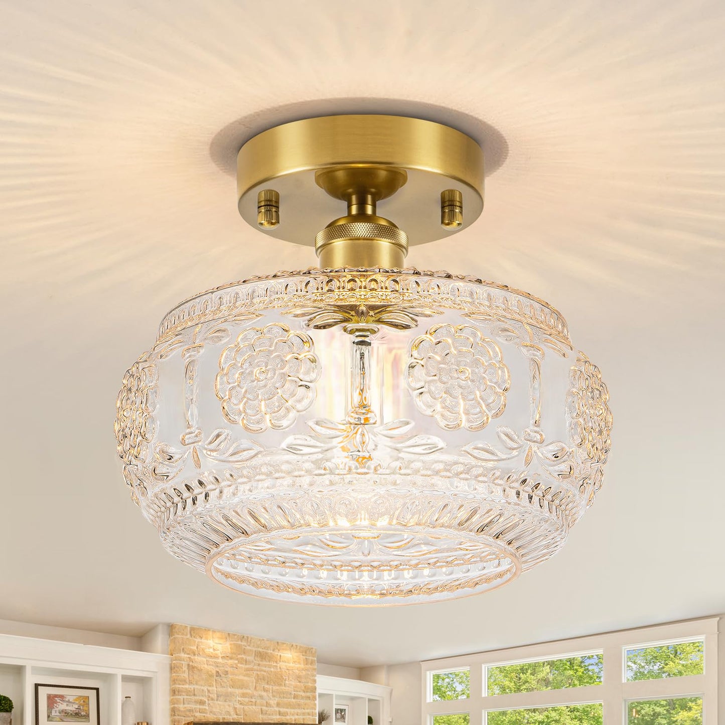 Tbaoinla Semi Flush Mount Ceiling Light Fixture - Brass & Floral Glass Shade, Vintage Modern Lighting for Entryway, Bathroom, Kitchen, Bedroom (Bulb Not Included)