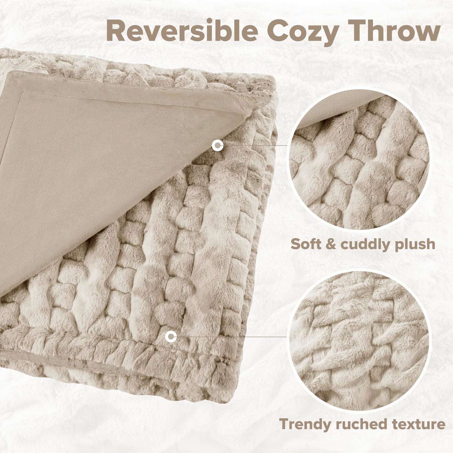 Comfort Spaces Ruched Faux Fur Plush Throw Blanket and Pillow Set with 2 Matching Square Pillow Covers Sofa Throw Blanket for Living Room, Chair, Couch, Home Office Fuzzy Soft Tan Tie Dye 50"x 60"
