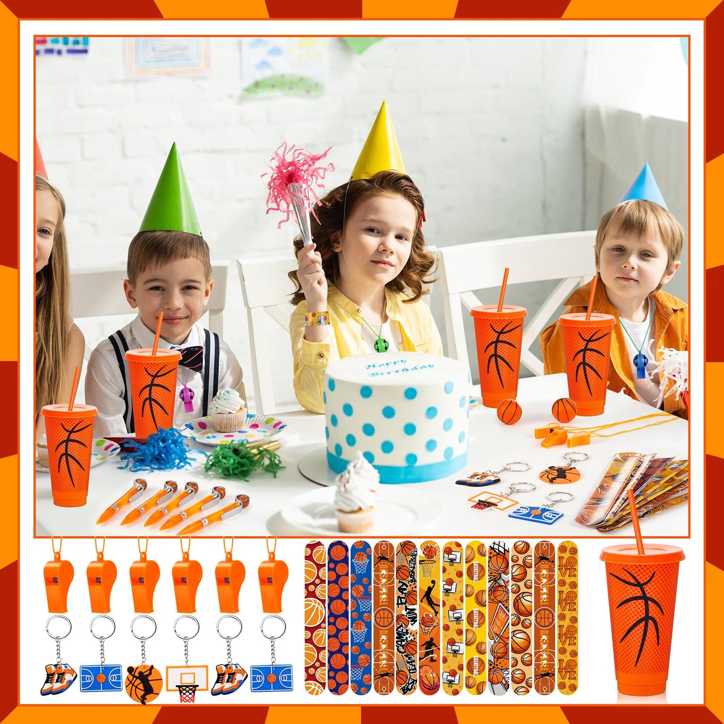 Hollowfly 122 Pcs Basketball Party Favors Set Basketball Goodie Bags Stuffers Includes Cups with Straw Mini Stress Ball Keychains Slap Bracelets Whistles Stickers Pens for Birthday Party Supplies