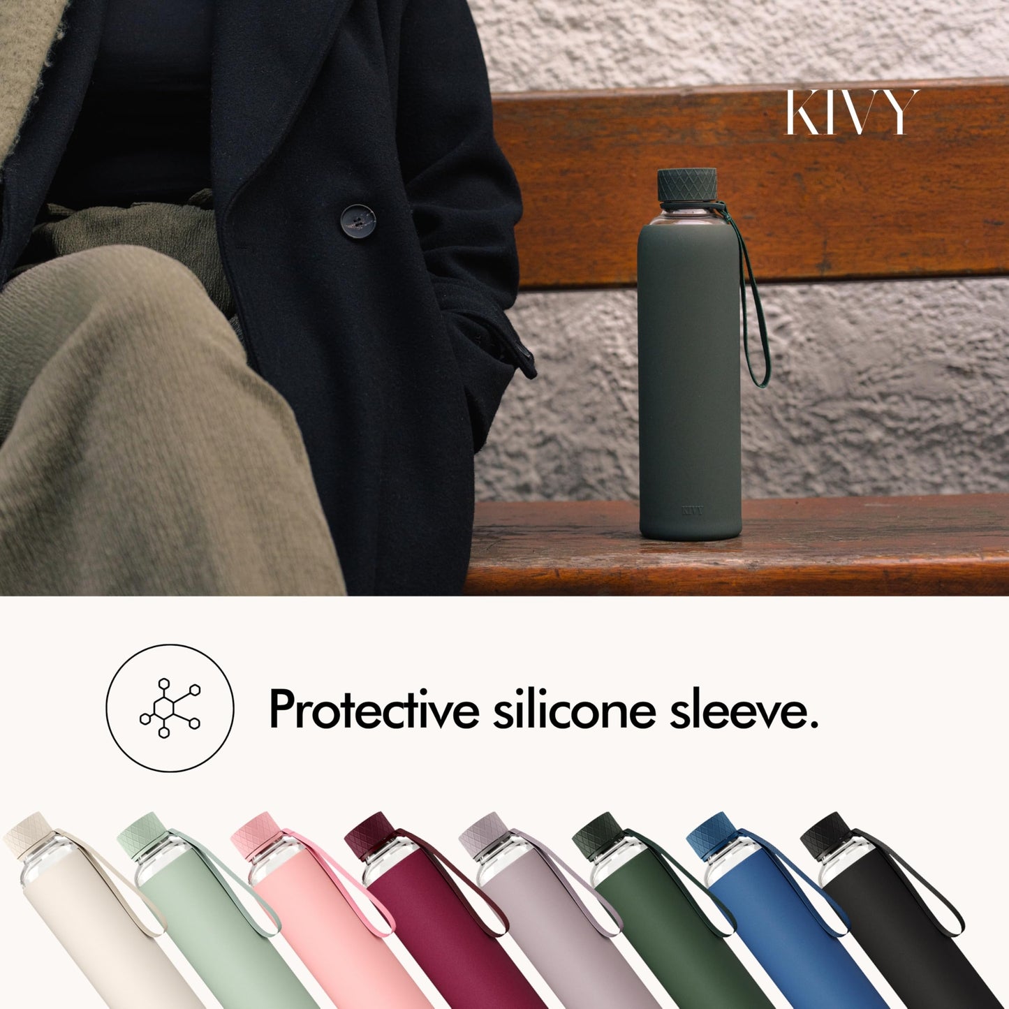 KIVY Glass Water Bottle with Silicone Sleeve 32 oz [WITH MEASUREMENT] - Borosilicate Glass Water Bottle Screw Top - Clear Bottles with Measurement Marking - Slim Waterbottle Aesthetic - Cream White