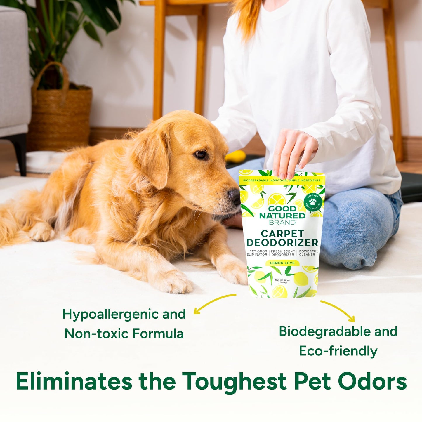 Good Natured Brand | Carpet Deodorizer & Freshener Powder | 60 oz Pet Odor Eliminator for Strong Odor & Pet Urine | Fresh Natural Lemon Love | Safe for Homes with Pets
