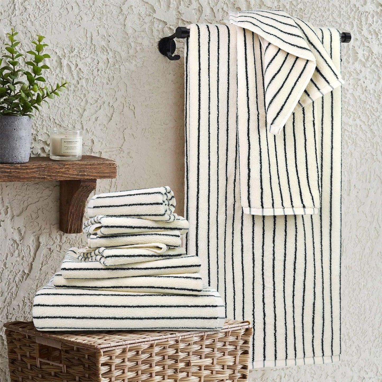 Jacquotha 8 Piece Black and White Towel Set, Super Soft & Absorbent Cotton Striped Towels for Bathroom Decor, 2 Bath, 2 Hand, 4 Washcloths
