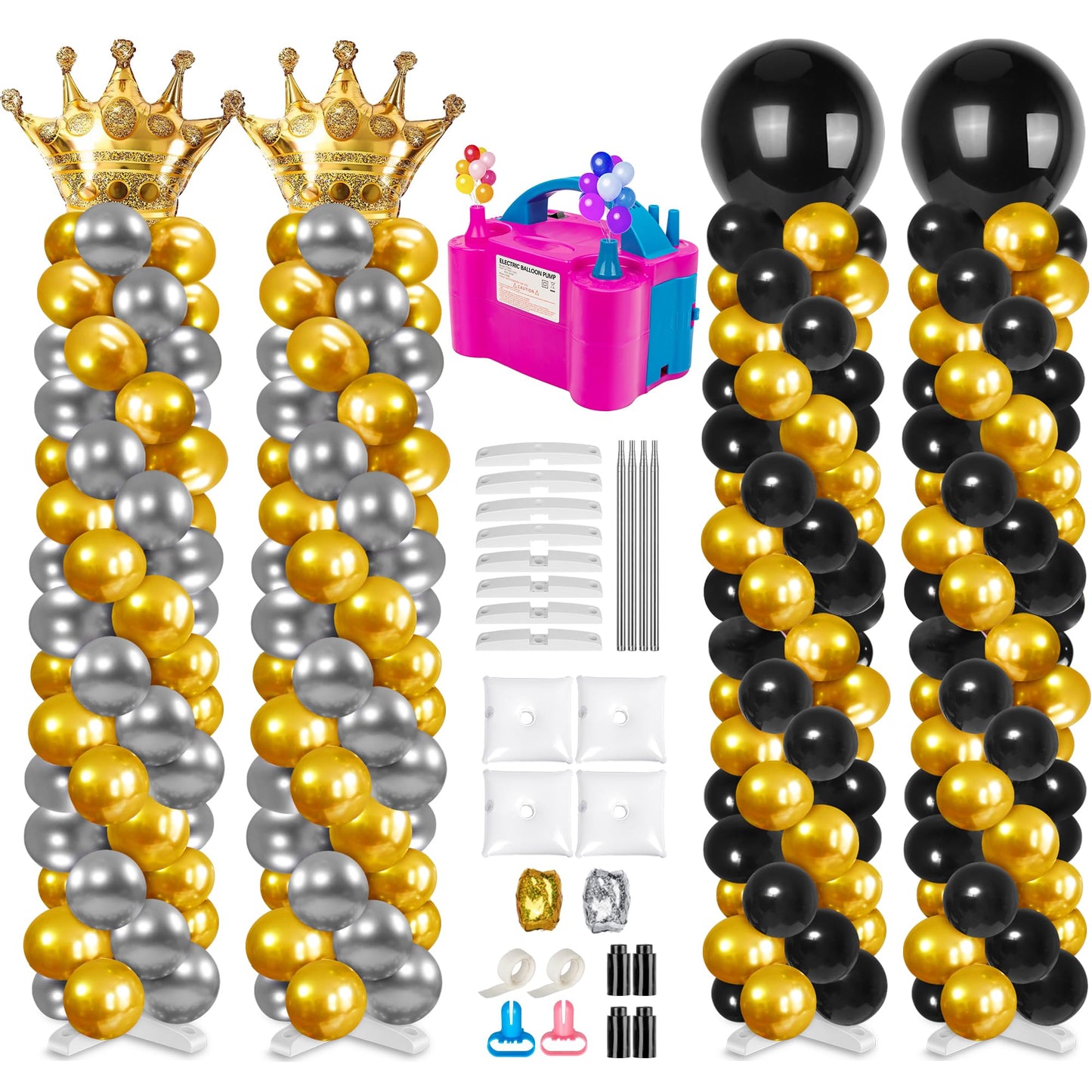 Toosci 4 Sets Metal Balloon Column Stand and Electric Balloon Pump, Adjustable 9 Feet Balloon Stands for Floor, Balloon Column kit for Baby Shower Graduation Wedding Birthday Party