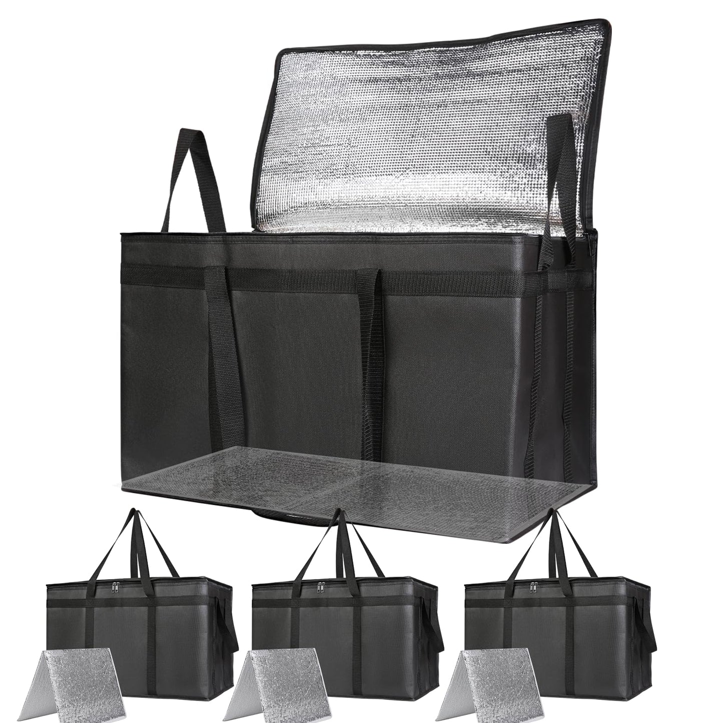 Bodaon 4-Pack Cooler Insulated Food Delivery Bag for Doordash/Uber Eats, XXX-Large Thermal Bags for Catering/Hot Pizza, Travel/Camping/Picnic Basket，Grocery Reusable Warmer Frozen, Black With Bottom