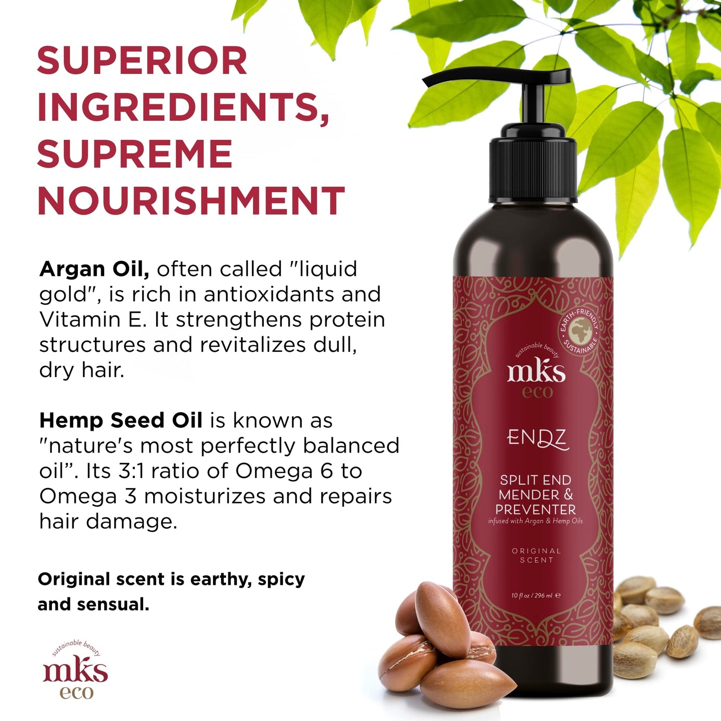 MKS eco Endz, Original Scent - 10 fl oz - Split End Mender & Preventer - Moroccan Argan Oil, Hemp Seed Oil - Vegan & Cruelty Free