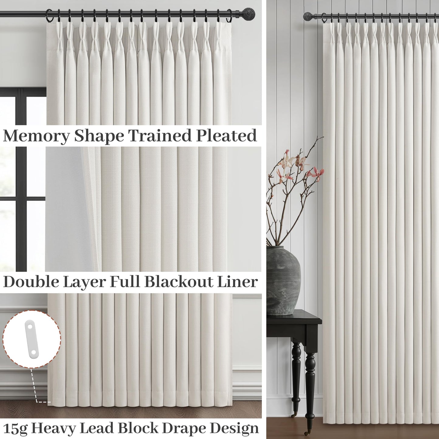 100% Blackout Linen 96 Inch Curtains 2 Panel Set for Bedroom, Modern Pinch Pleated Natural Linen Off Beige White Insulated Heavy Curtain 40 x 96 Inches Length Sliding Glass Door Room Darkening Drapes