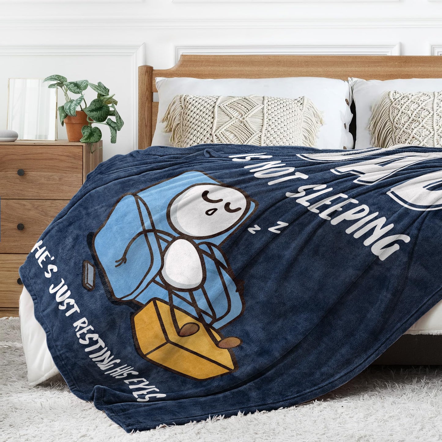 GoMelley Funny Fathers Day Birthday Gift for Dad Husband, Dad is Not Sleeping Blanket, Dads Gifts from Daughter Son, Super Soft Throws Blanket for Couch and Napping, 60" x 80" (Blue)