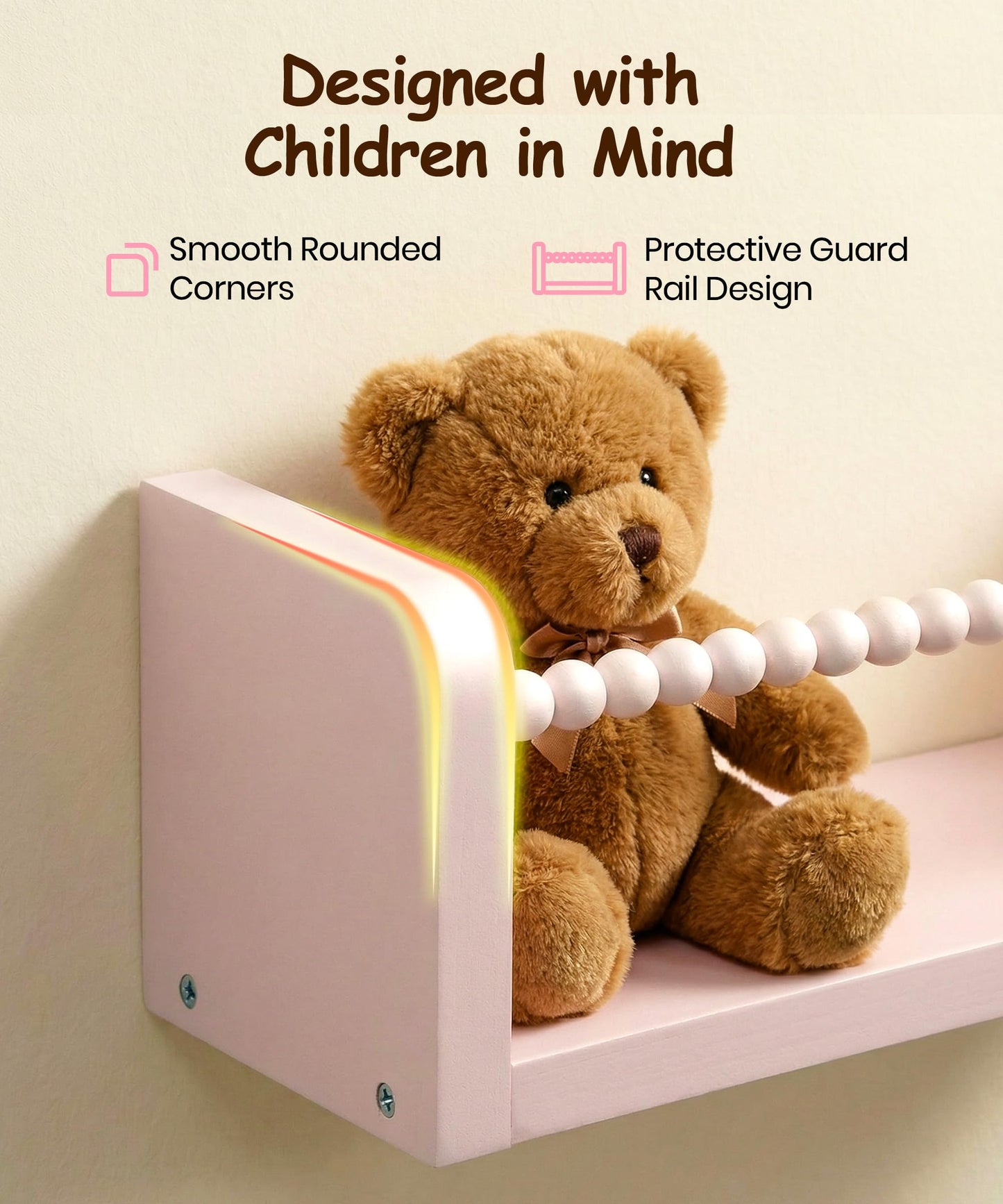 Mazjoaru Nursery Book Shelves for Wall Set of 3, Pink Natural Wood Bookshelf Wall Decor, Small Floating Shelf Organizer for Kids Room, Bedroom, Kitchen Spice Rack