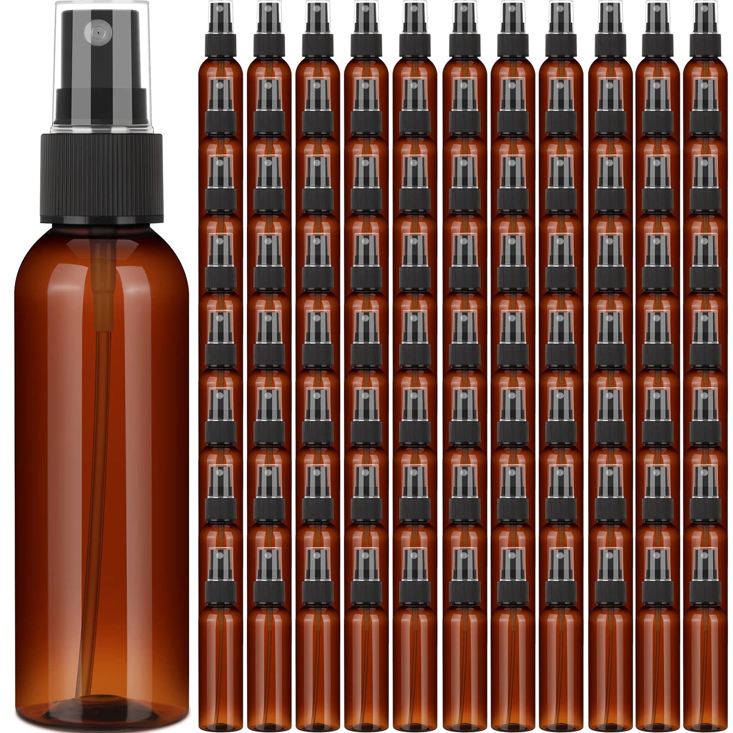 Nuogo 90 Pack 4 Oz Plastic Spray Mini Reusable Bottles Travel Size Perfume Refillable Sprayer Empty Mist Bottle for Essential Oil(Amber)