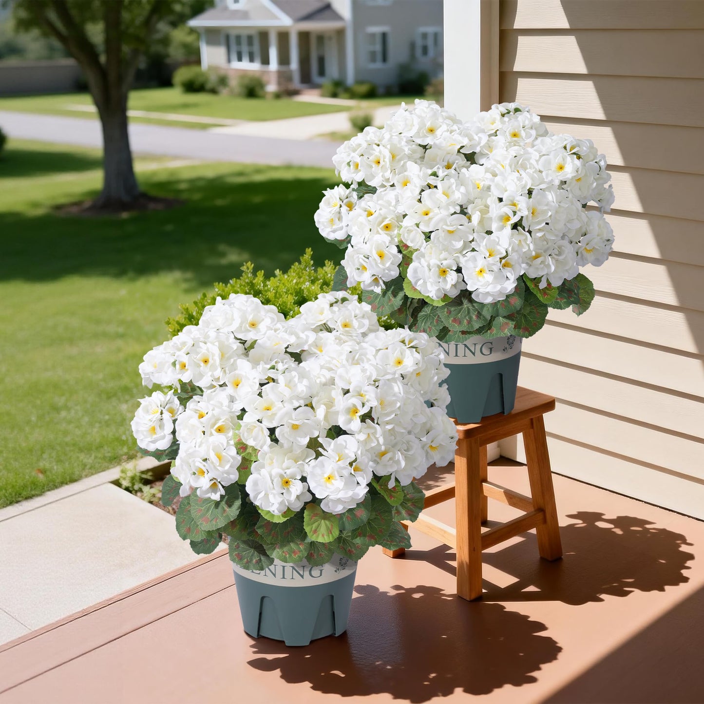 Geraniums Artificial Flowers for Outdoors, 2 Pack Potted Plants White Faux Geraniums Bush Artificial Topiaries Realistic UV Resistant Fake Flowers Plants for Planters Outside Gardens Front Door Indoor