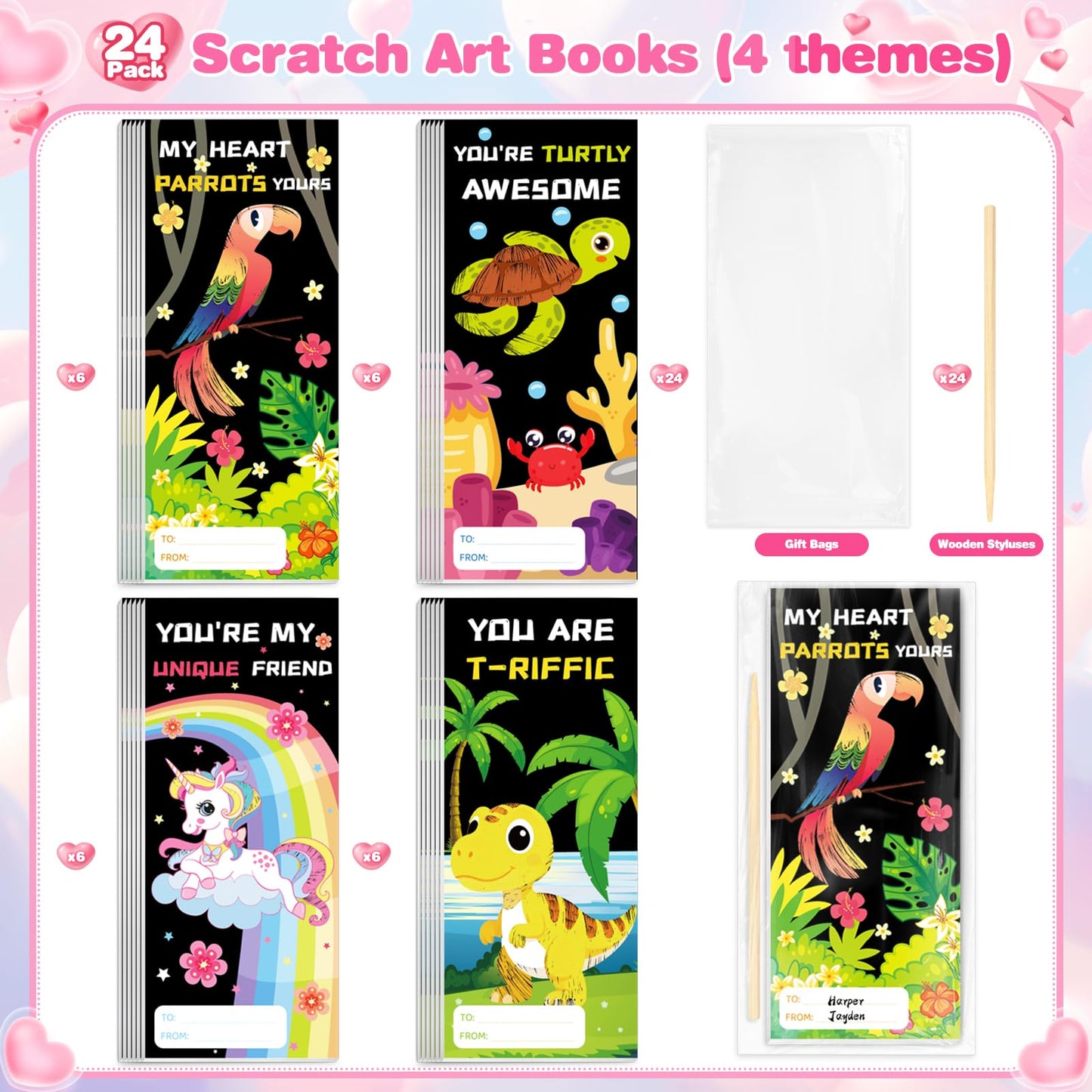 Shemira 24 Pack Valentines Day Cards with Scratch Paper, Classroom Valentines Exchange Gifts, Valentines Party Favors