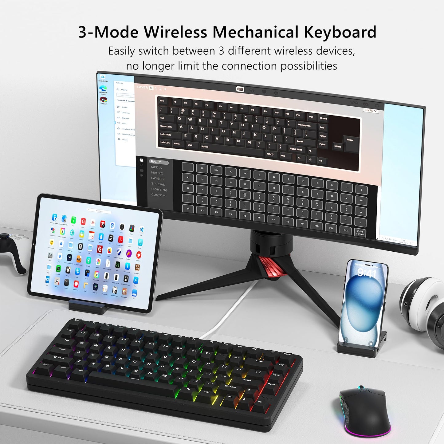 Womier SK75 75% Keyboard with Full Aluminum Wireless Mechanical Gaming Keyboard, VIA Custom Pre-lubed POM Switches RGB Creamy Gaming Keyboard, 3-Modes Gasket Hot Swappable, Black