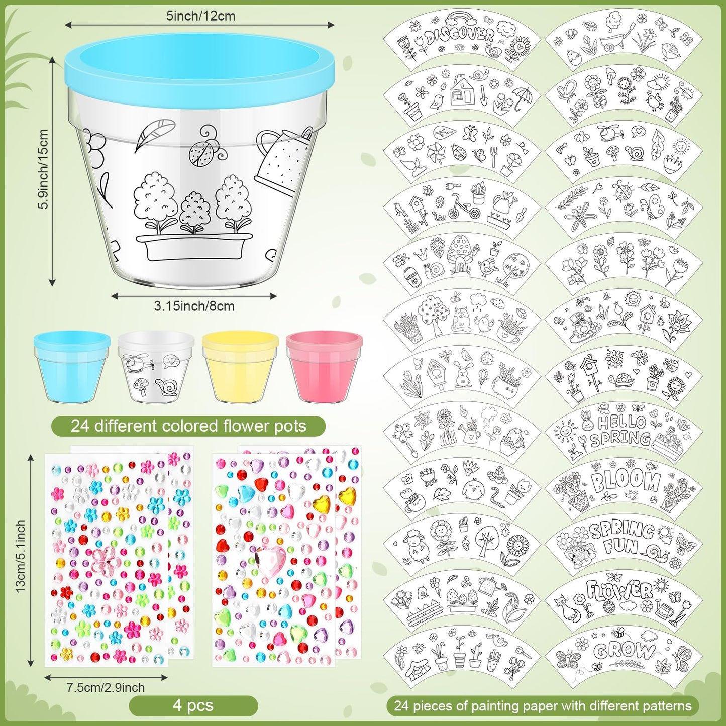 SiliFine 24 Pcs Spring DIY Flower Pots Crafts for Kids with 24 Drawing Inserts and 4 Sheets Rhinestones Stickers Color Your Own Flower Plant Pot for Kids DIY Art Projects Fun School Home Activities