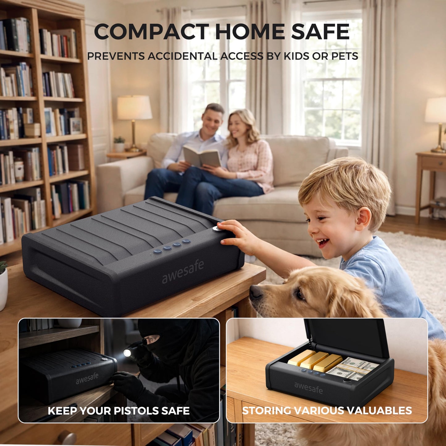 awesafe Biometric Gun Safe for Pistol, 2 Ways Quick Access Handgun Safe with Backlit Digital PIN Key, Portable Car Gun Safe, Gun Lock Box with Gas Strutfor Nightstand Bedside Cloakroom Living Room