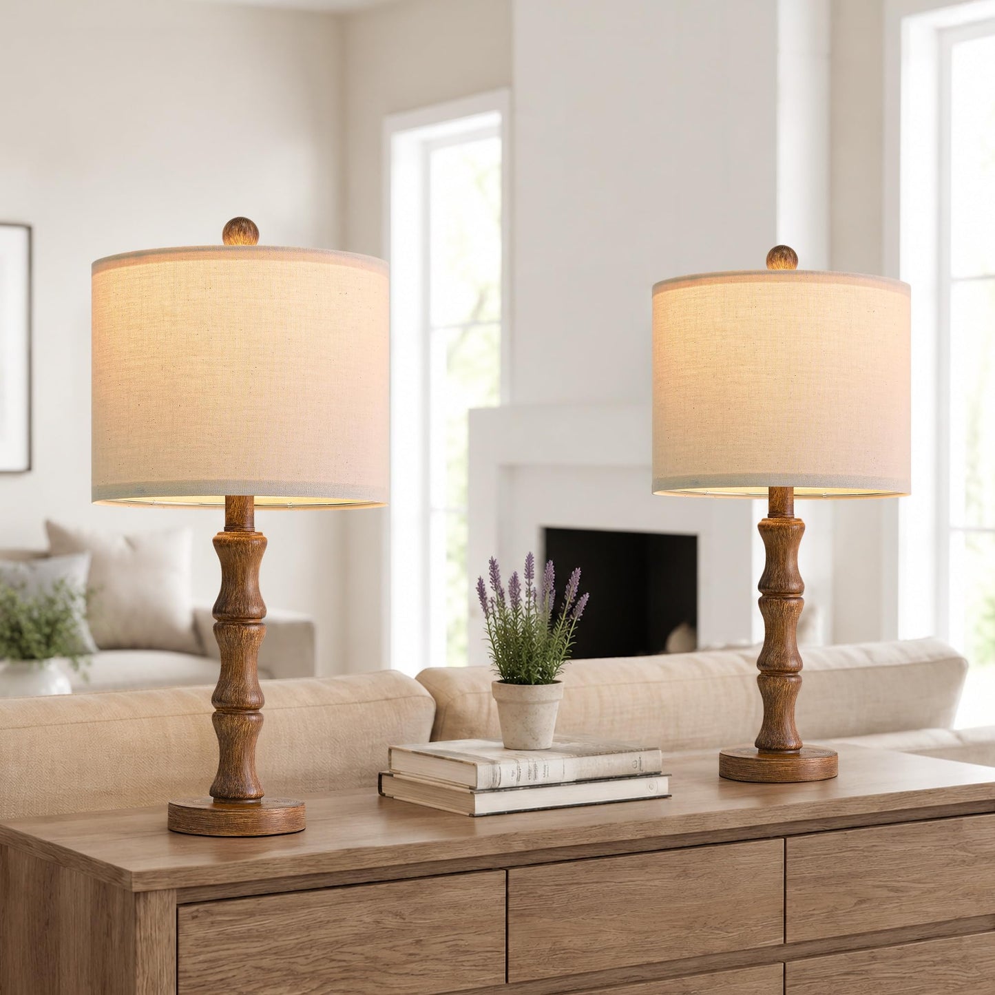 BOBOMOMO 20.5" Rustic Table Lamps Set of 2, Farmhouse Nightstand Lamp with Wood Grain Resin Base & Linen Shade, Small Bedside Lamp for Bedroom, Living Room & Apartment Décor- Ideal for Small Spaces