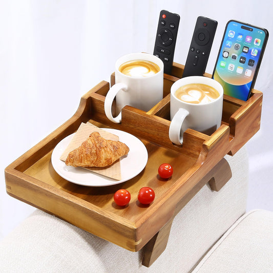 Couch Armrest Table, Acacia Wood Sofa Arm Table with 2 Cup Holders, 15.4"x9.8" Large Foldable Clip on Couch Arm Tray Table with Remotes Storage Slot