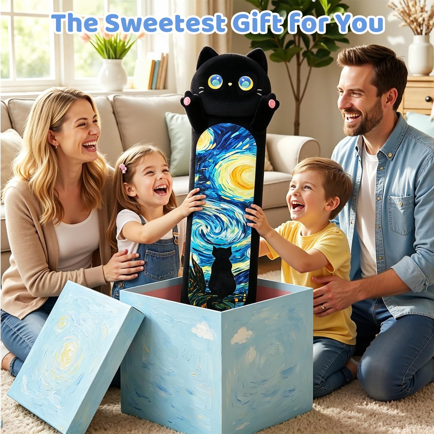 Mewaii Long Cat Plush Body Pillow, Cute Cat Plush Animals Kawaii Soft Plushies, Kitten Plush Pillow Gift for Girls Boys (Blue Starry Cat 53 Inch)