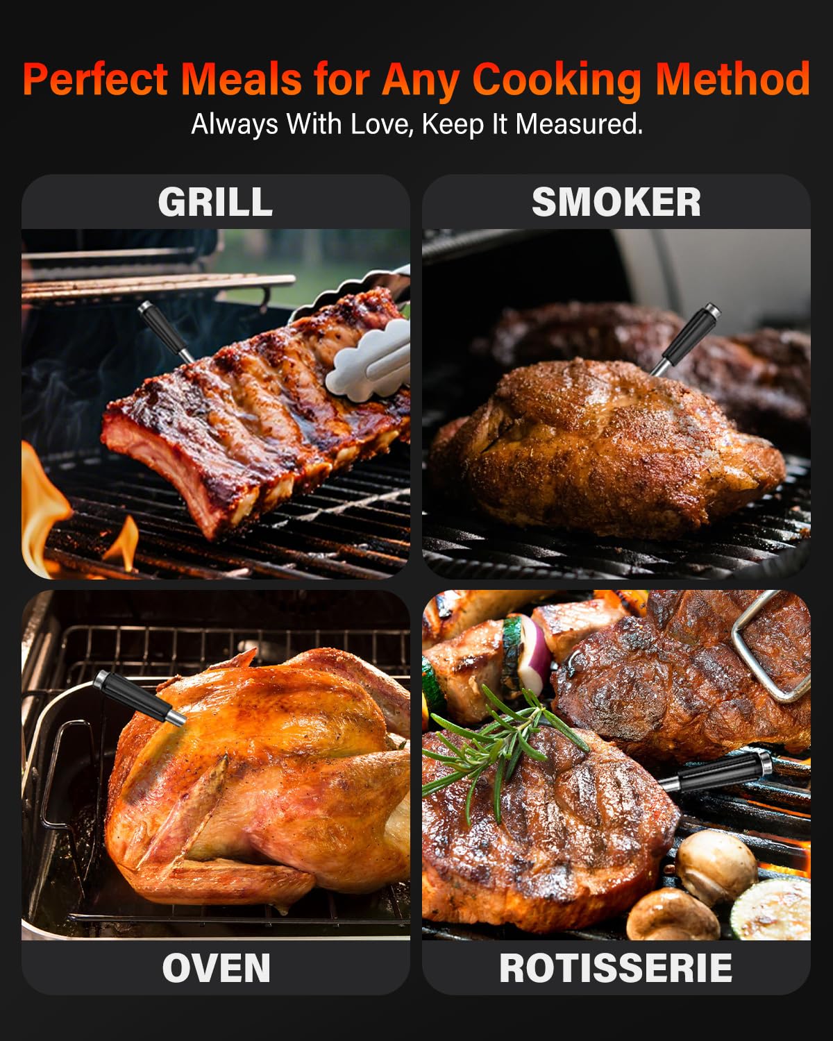 AWLKIM 8-Sensor Smart Wireless Meat Thermometer with Touchscreen Base & Built-In App — Dual Probes, Bluetooth 5.3 800ft Open-Air, IP68, Type-C — Digital Instant-Read for BBQ, Grill, Smoker, Rotisserie