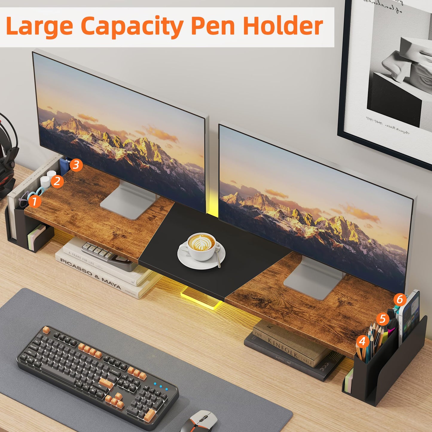 WESTREE Dual Monitor Stand Riser with Pen Holder, Computer Monitor Riser with Adjustable Angle and LED Light, Desktop Monitor Stand Riser Storage Organizer for Computer, Laptop, Printer, TV