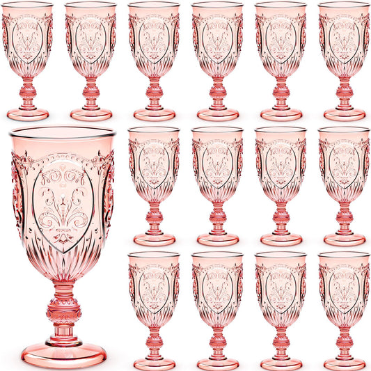Wiwiqing 24 Pcs Plastic Goblets 7.5oz Vintage Goblet Plastic Wine Glasses Colored Retro Embossed Water Goblets for Wine Bar Juice Baby Shower Wedding Reception Grand Event Party (Pink)