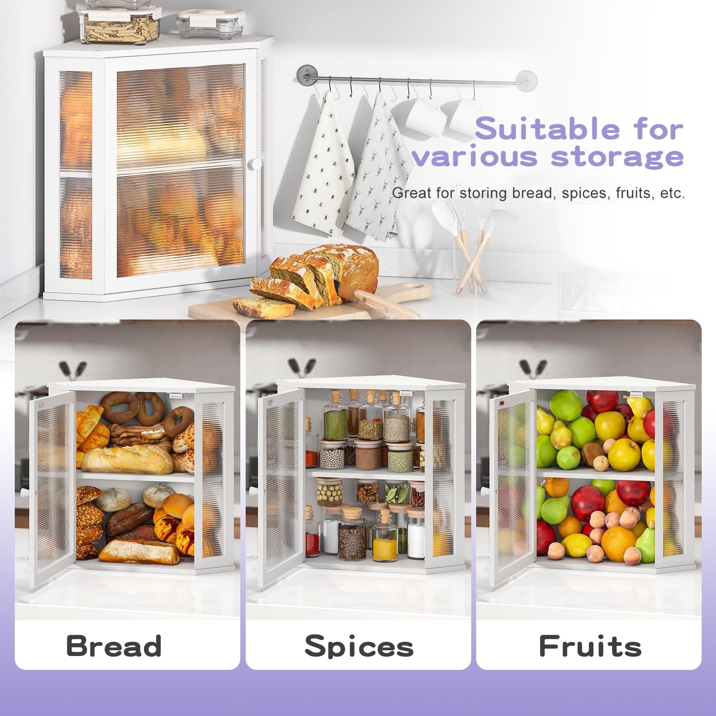 Wieghda Corner Bread Box for Kitchen Countertop, Farmhouse Style with Acrylic Wavy Door Panel White Counter Bread boxes, Extra Large Food Storage Container
