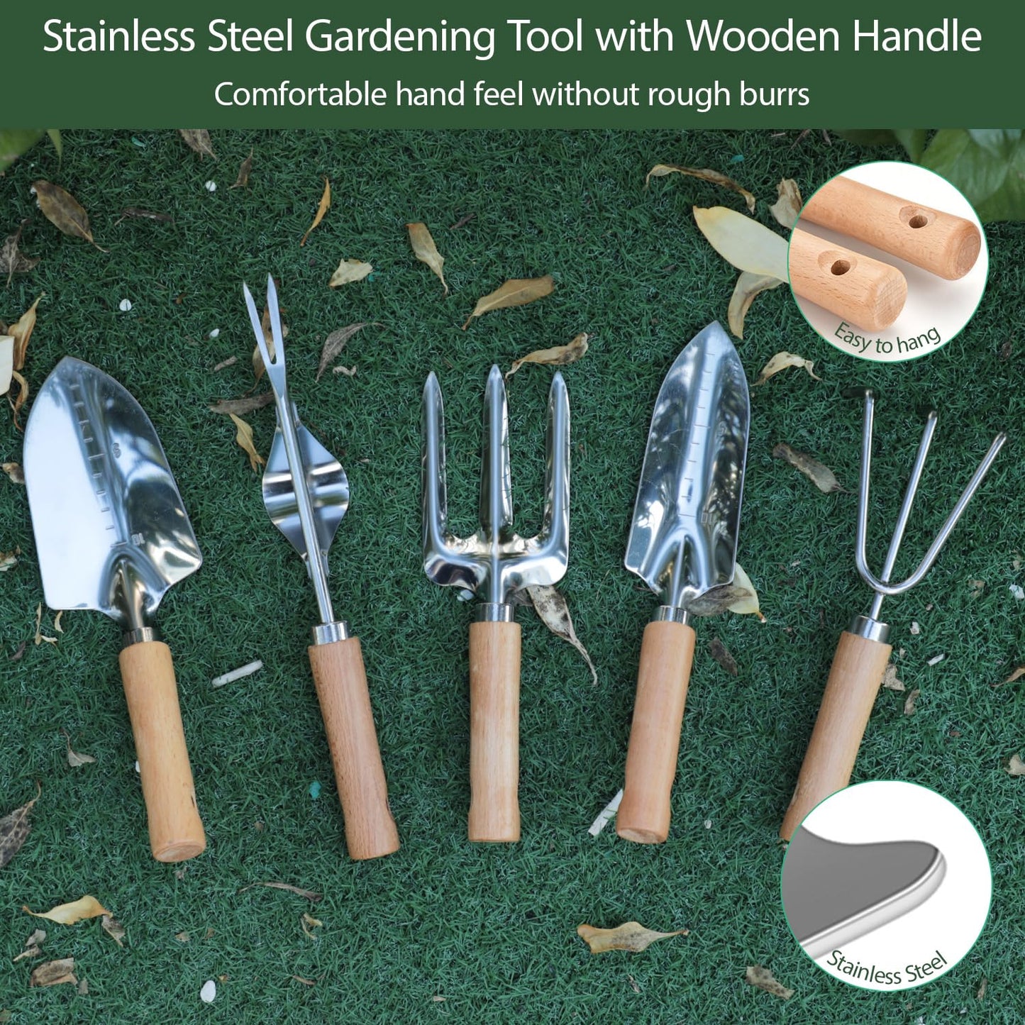 HoHaing Garden Tool Set, 10 Piece Gardening Kit with Heavy Duty Folding Stool, Gardening Tools with Detachable Storage Tote Bag, Stainless Steel Garden Tools, Gardening Gifts for Women Men Green