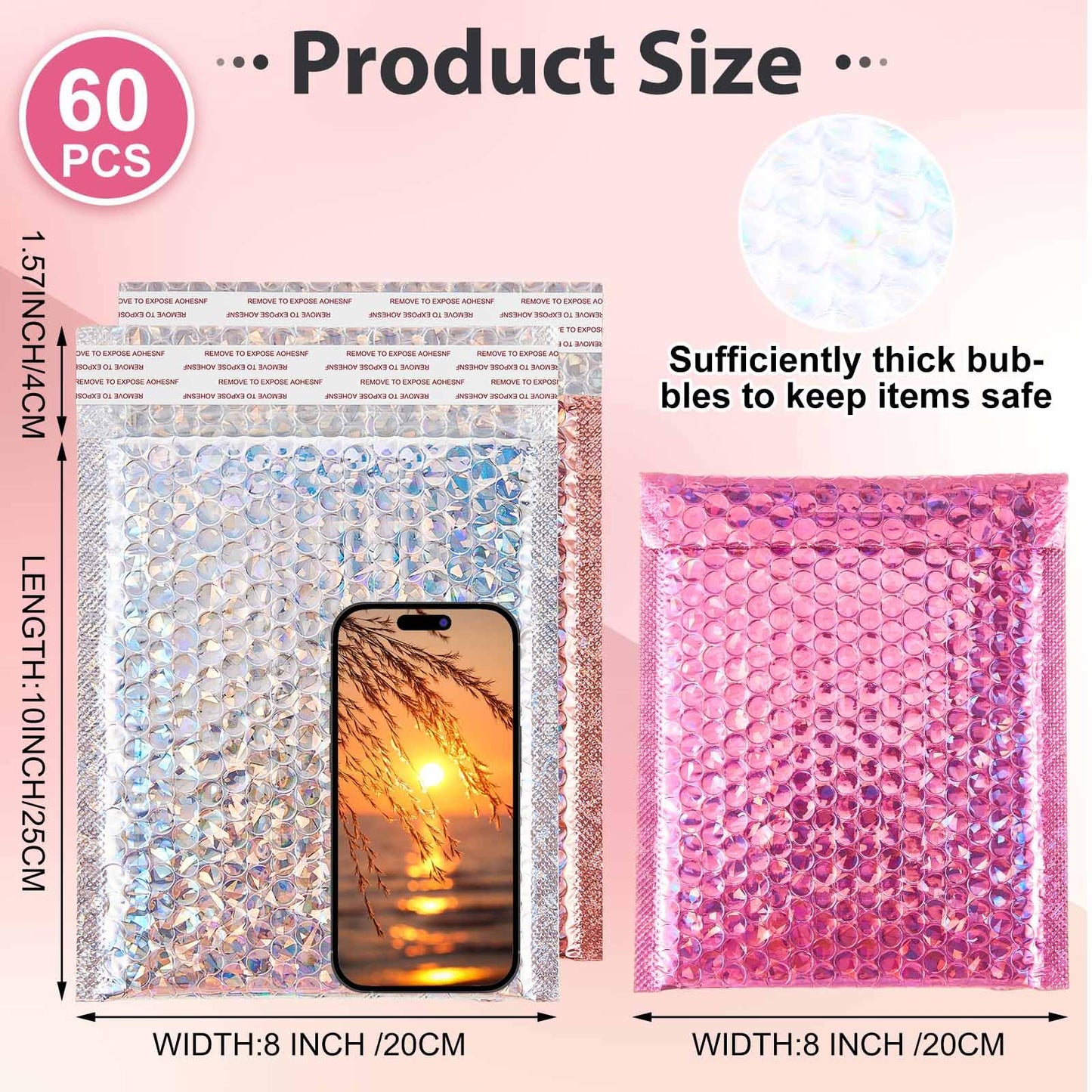 Henoyso 60 Pcs 8 x 11.5 Inch Holographic Bubble Mailers Metallic Padded Envelopes Self Seal Waterproof Shipping Bags Thick Cushioning Mailers for Book Clothes Makeup Jewelry, Silver, Pink, Rose Pink