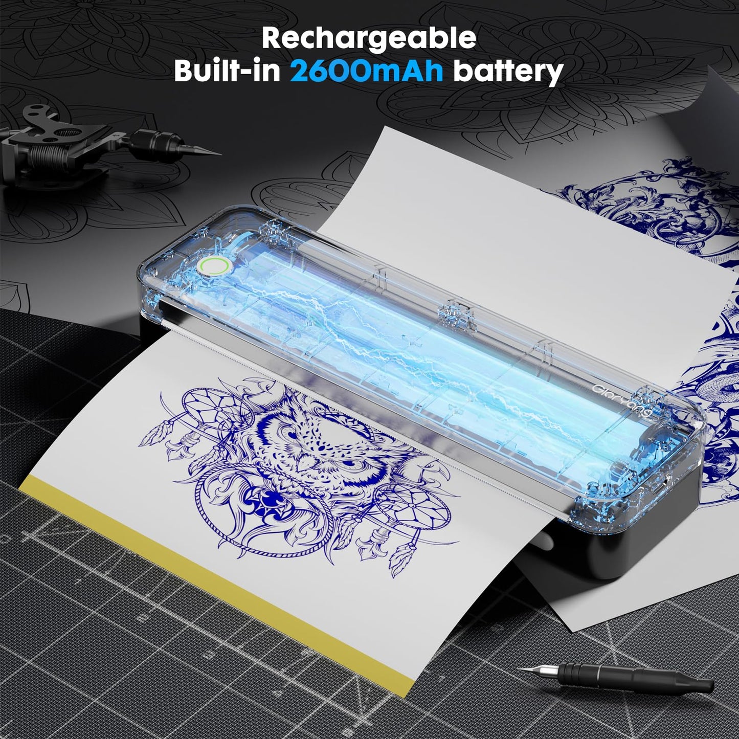 Gloryang Wireless Tattoo Transfer Stencil Printer, Portable Thermal Tattoo Machine for Tattoo Beginners with 40pcs Stencil Paper, Compatible with Smartphone & PC, Rechargeable & Inkless, Black