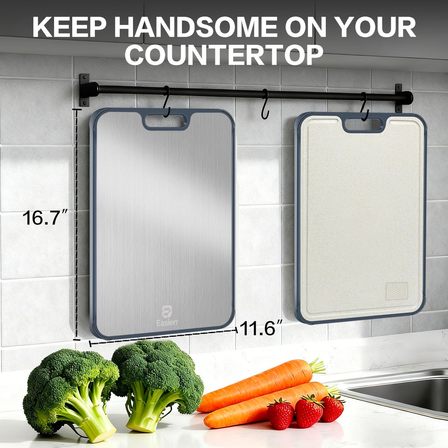 Easierr Extra Large Titanium Cutting Board for Kitchen with Juice Groove, Non Toxic 2-in-1 Cutting Boards for Chopping, Serving, Bread, Meat, Veggies, Pure Titanium and Wheat Straw PP, 17 x 12 inch