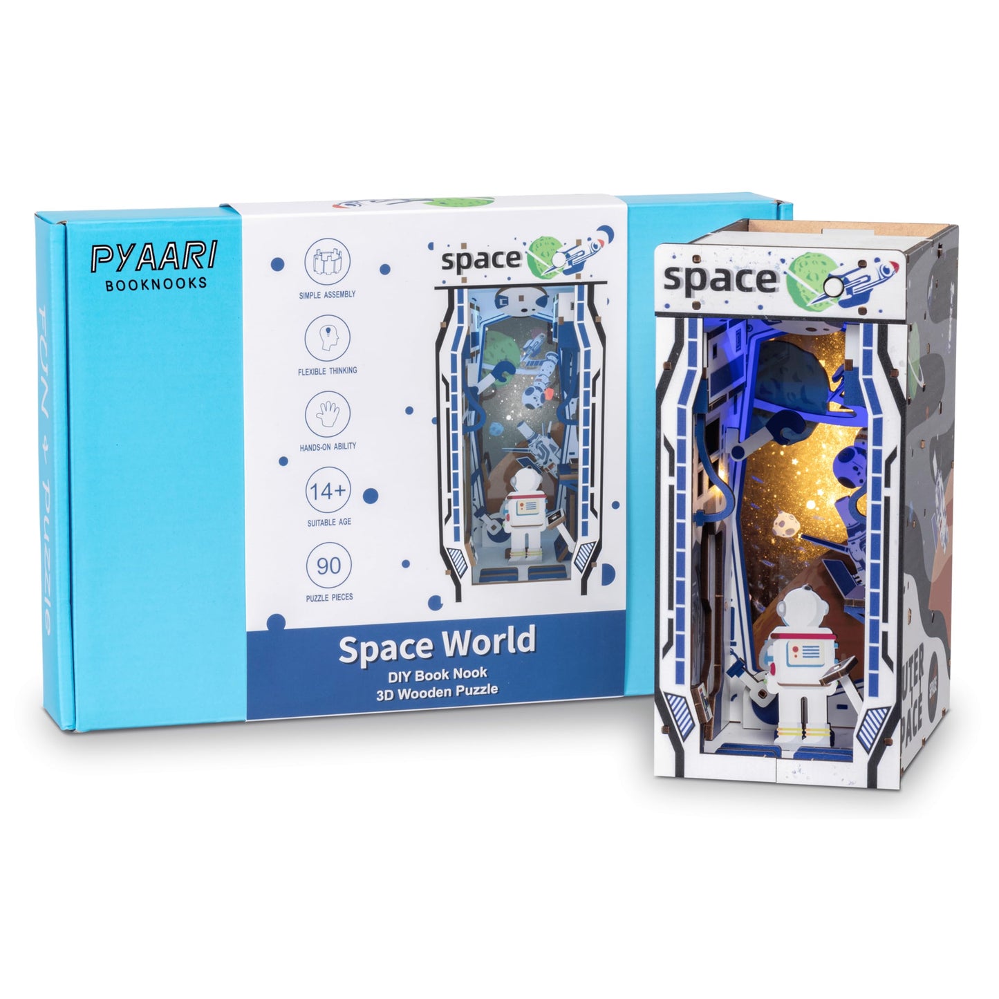 PYAARI Space World Book Nook Kit, Astronaut 90-Piece DIY Miniature LED Doll House, 3D Wooden Puzzle BookNook Kit for Adults, Tiny Home Model Building Kit for Book Lovers & Beginners, Bookshelf Decor