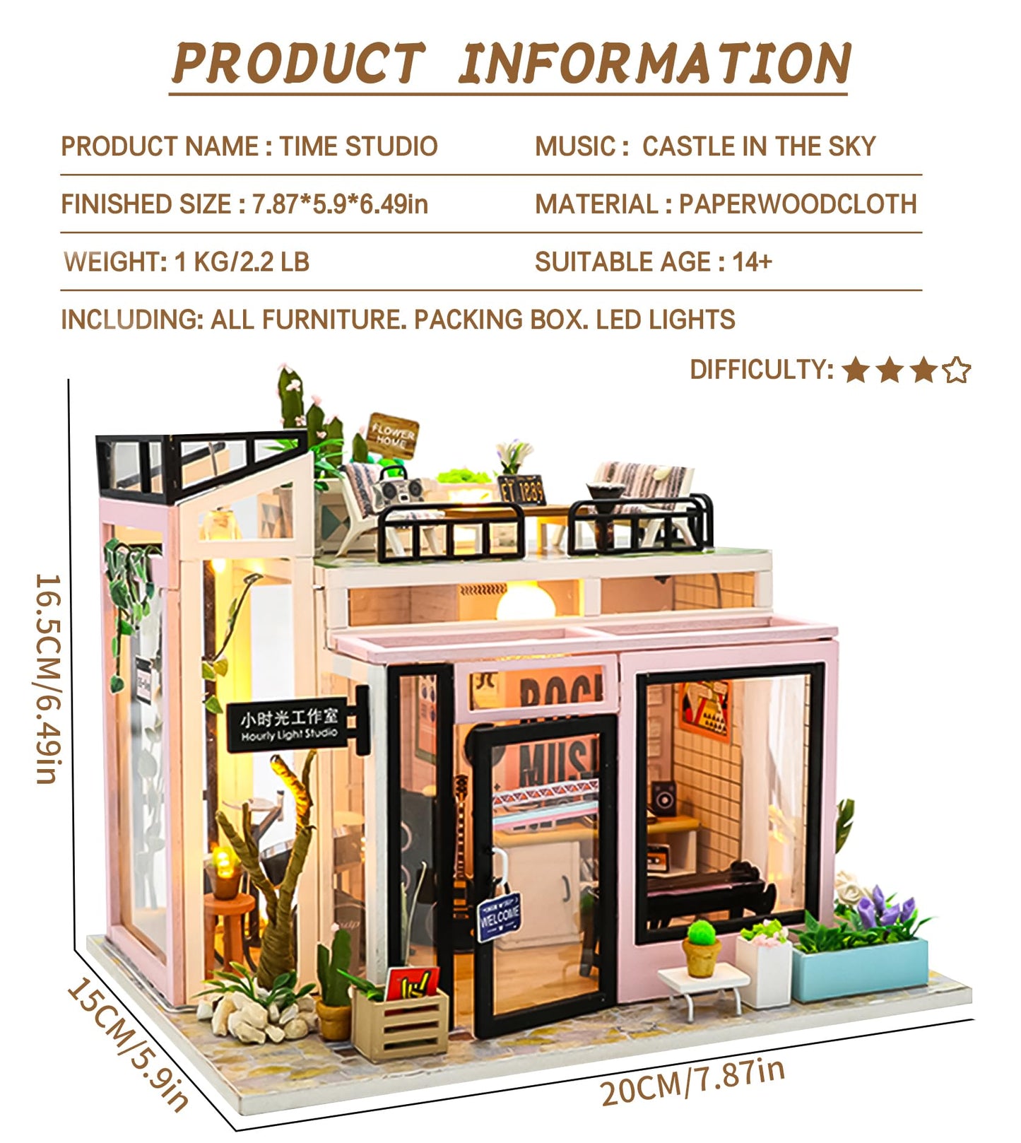 Spilay DIY Miniature Dollhouse Wooden Furniture Kit,Handmade Mini Modern Model Plus with Dust Cover & Music Box,1:24 Scale Creative Doll House Toys for Adult Friend Lover Gift(Time Studio)