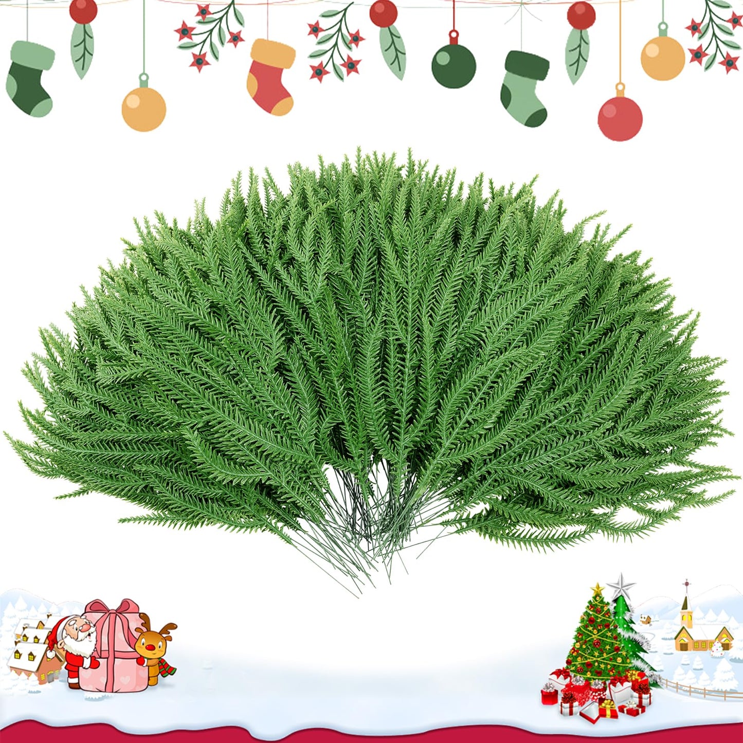 100 Pcs Christmas Norfolk Pine Branches, Christmas Greenery Stems, Artificial Pine Branches DIY Crafts Faux for Xmas Wreath Garland Indoor Outdoor Home Kitchen Garden Holiday Accessories Decor
