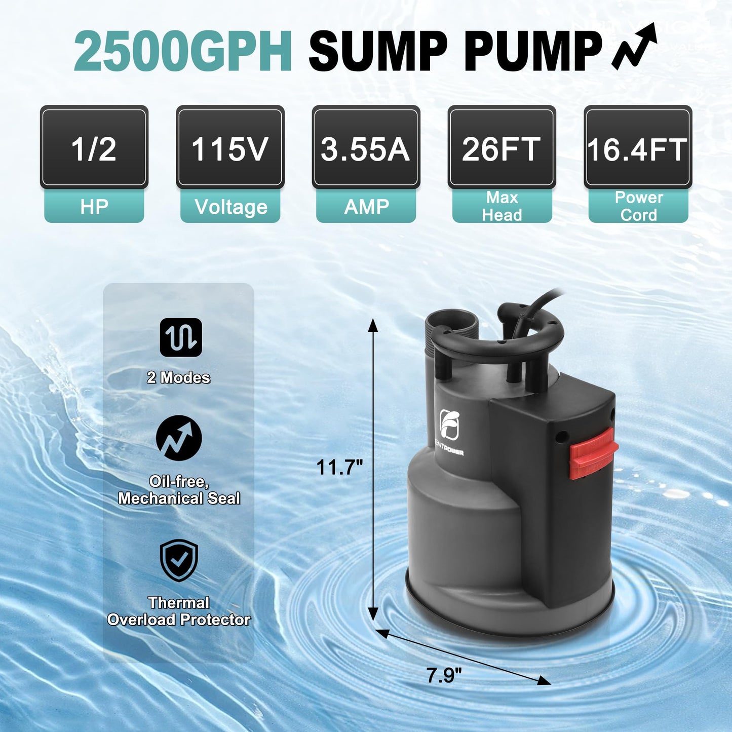 FLUENTPOWER 1/2HP Submersible Sump Pump 2500GPH Utility Water Pump, Auto/Manual Control by Integrated Float Switch, with 16.4 Ft Cord for Pool Tub Garden Pond Flooded Basement Draining