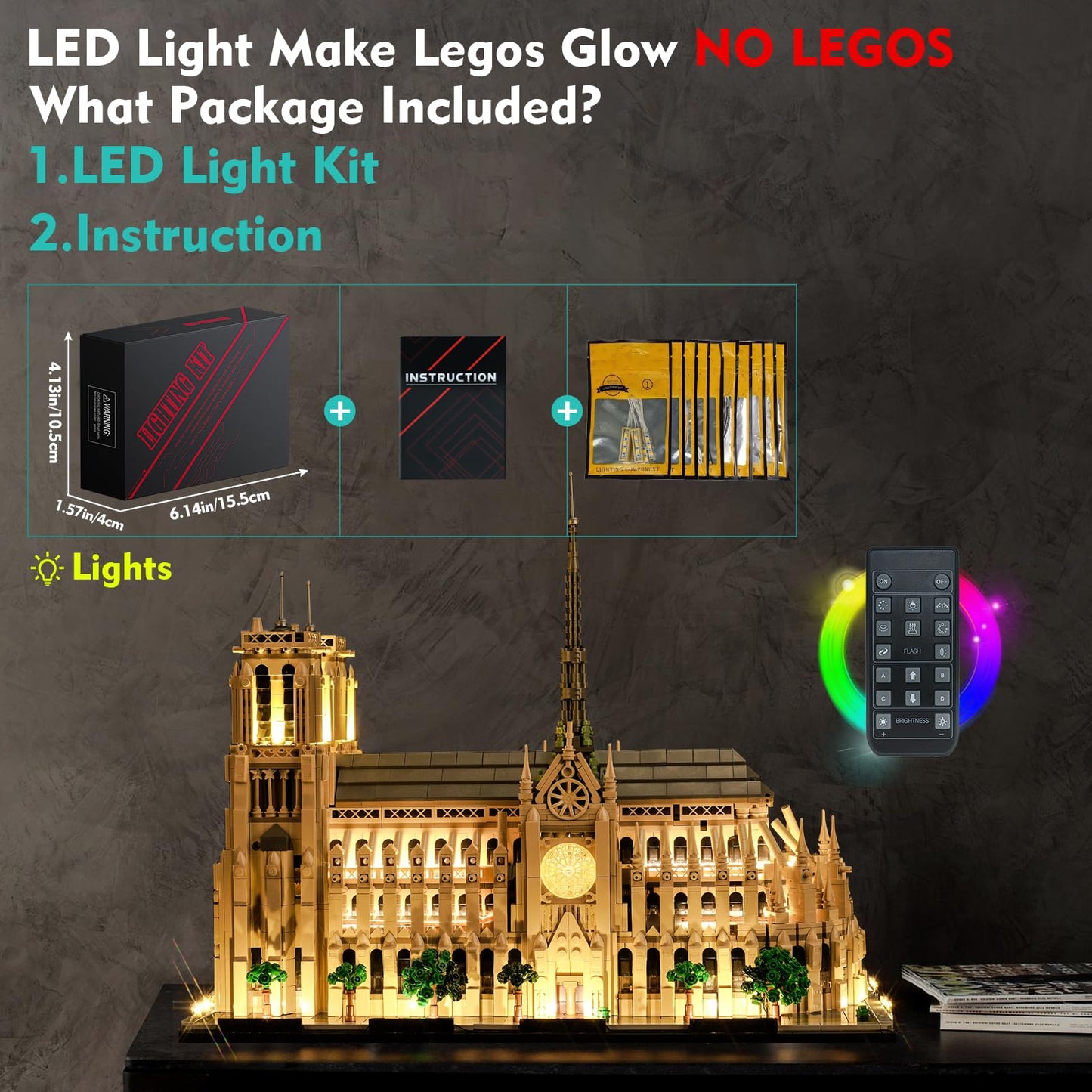 LocoLee Light Kit Compatible with Lego Notre Dame Cathedral Architecture 21061, Creative Lighting Set Accessories Compatible with Lego Paris Notre Dame 21061 Set, No Models Only Light (RC Version)