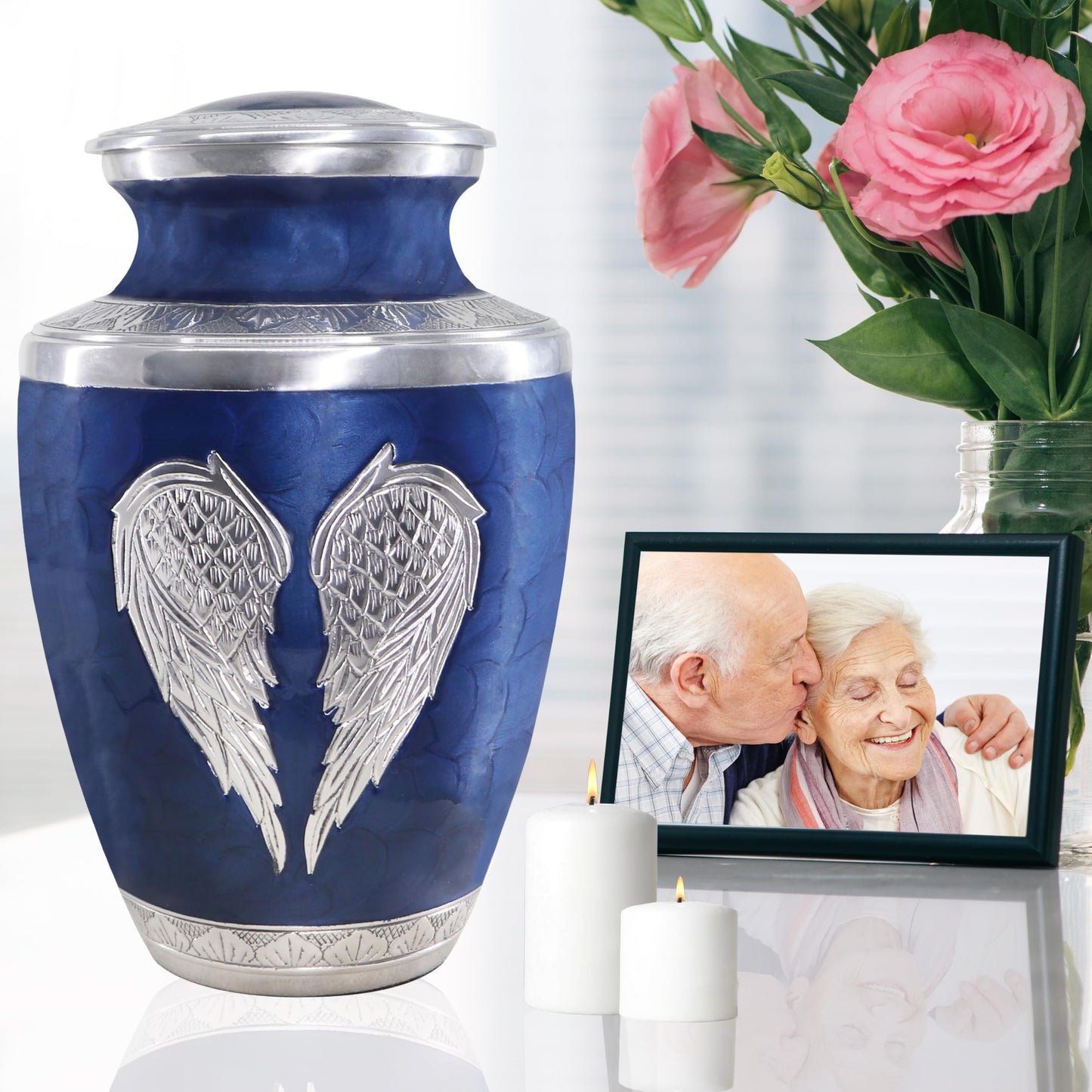 M MEILINXU Urns for Human Ashes Adult Man & Women, Cremation Urn for Ashes Adult Male & Female, Burial Urn, Decorative Urns for Funeral, Silver Engraved Angel Wings, Dark Blue and Silvery - Large