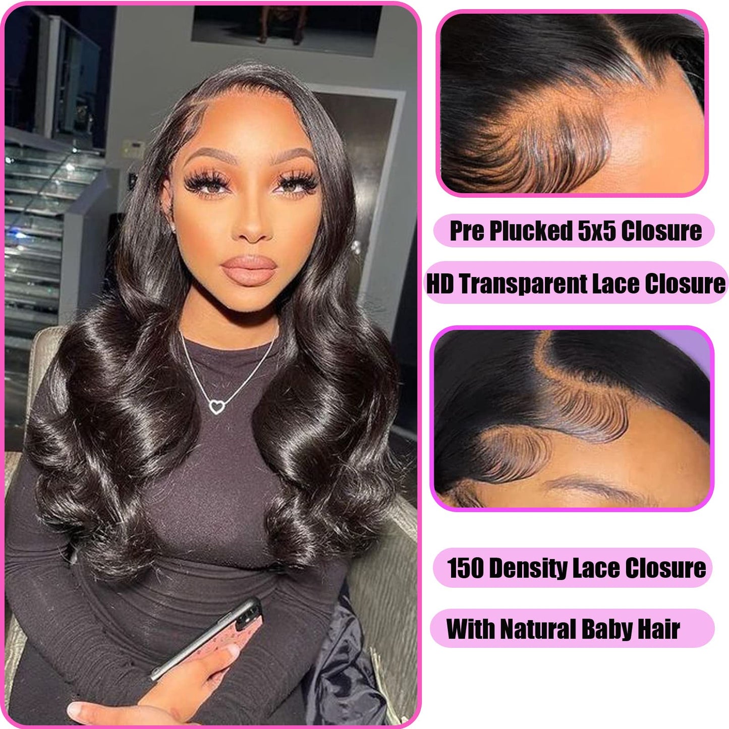 Liangya Hair 5x5 Lace Closure Hd Transparent Body Wave Frontal Closure 12A Virgin Remy Human Hair Closure Real Hd Transparent Lace Closure Pre Plucked With Baby Hair Natural Black Color(16inch)