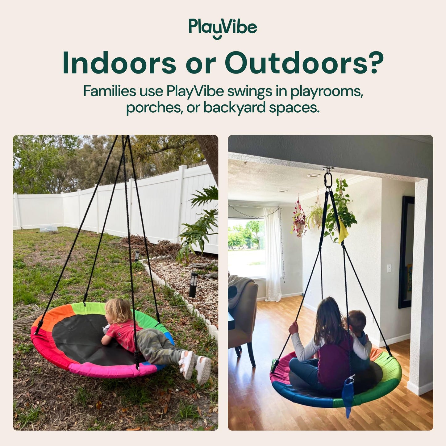 PLAYVIBE 40" Saucer Swing for Kids Outdoor - Tree Swing Set Summer Fun, 440 lb Capacity - Multicolor 600D Oxford Fabric & Adjustable Ropes, Straps & Carabiners