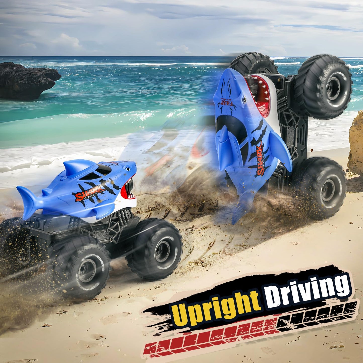 BOBXIN Amphibious Remote Control Shark Monster Truck with Water Squirt,4WD All-Terrain Off-Road 2.4Ghz Waterproof RC Stunt Car Pool Water Toys for Kids Age 6+