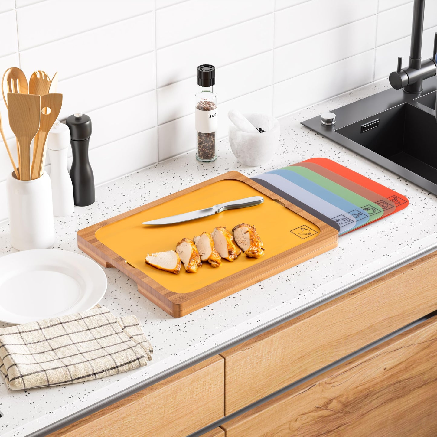 Seville Classics Bamboo Premium Wood Cutting Board Serving Tray w/ 7 Color-Coded BPA-Free Mats, for Chopping Bread, Cheese, Fruits, Vegetables, Meats, Charcuterie (PATENTED), Bamboo (NEW MODEL)