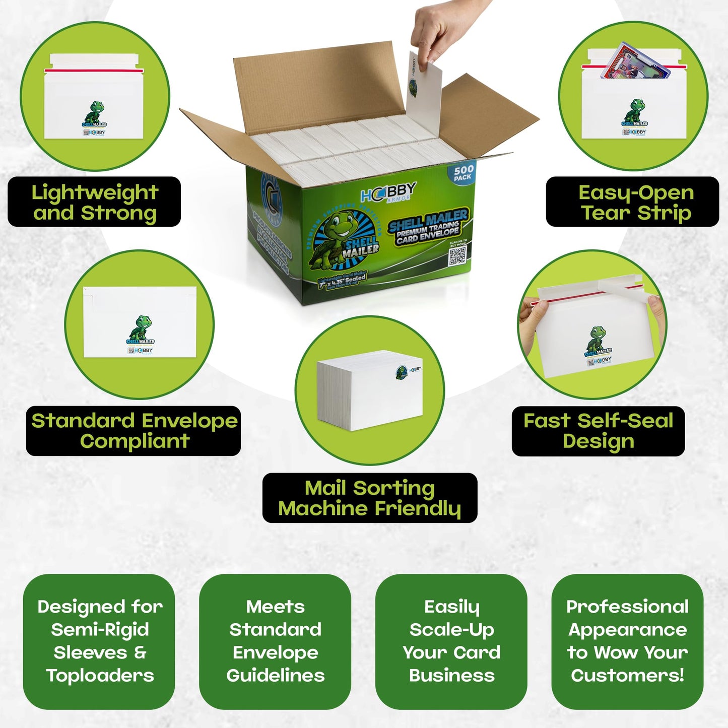 500 Pack Shell Mailer Trading Card Envelopes by Hobby Armor, 7" x 4.35" Trading Card Mailers for Shipping, Perfect Sized Shipping Envelope for Mailing Semi-Rigid and Toploaders, Protector Supplies