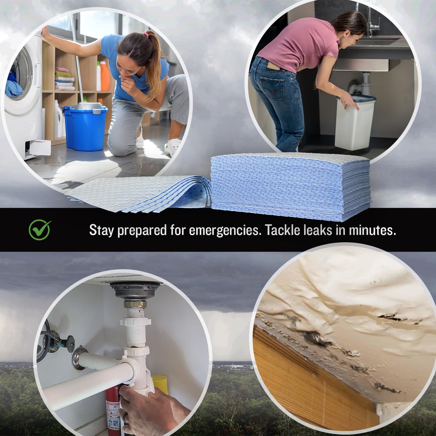 FlashDry Water Absorbent Pads 100 per Box, 17.5"x13.5" - Reusable and Hand Wringable Pads, Ideal for Water Leaks, Spills, Storm Damage Cleanup, Perfect for Basements, Garages, and Under-Sink Cabinets