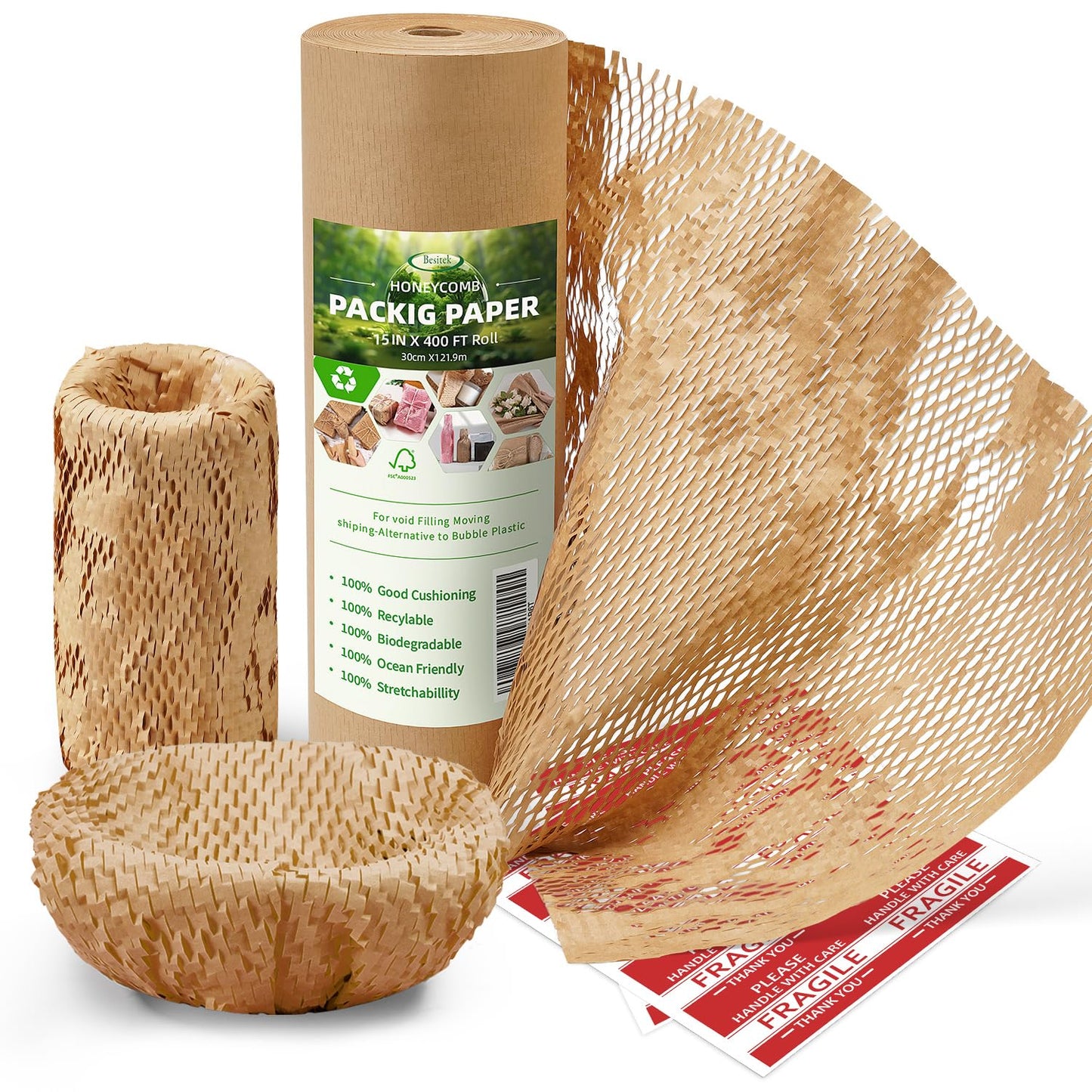 Honeycomb Packing Paper Wrap 15"x400' Sustainable Alternative to Bubble Cushioning Wrap Packing paper for Moving/shipping/packing Roll with 20 Fragile Sticker Biodegradable & Fully Recylable