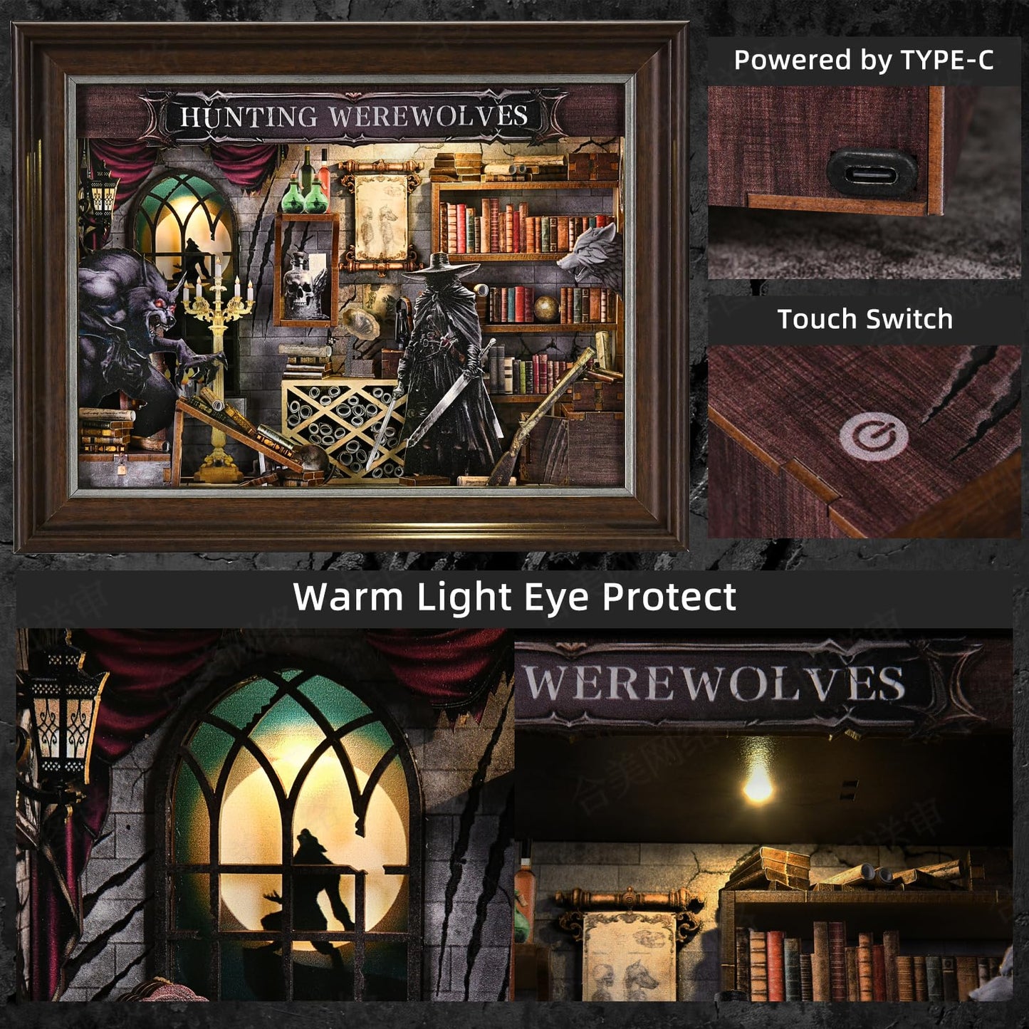 Book Nook Kit-3D Wooden Puzzle with LED Switch Control & Wall-Mountable Frame,DIY Miniature House for Beginners,Bookshelf/Tabletop/Wall Decor for Craft Lovers,Dollhouse Gift,Hunting Werewolves