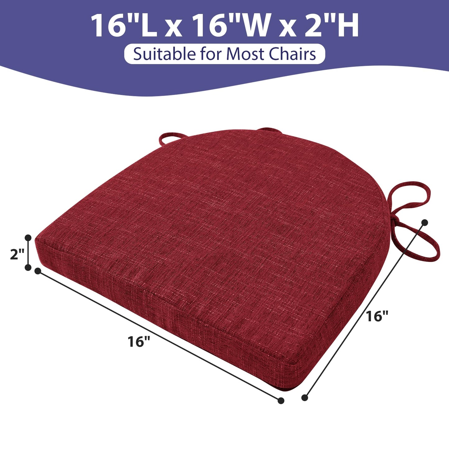 IPYNBAP Chair Cushions for Dining Chairs with Ties and Removable Cover, Dining Kitchen Chair Pads with Non-Slip Bottom, High-Resilience Indoor Seat Cushions, 16'' x 16'' x 2'', Set of 4, Red