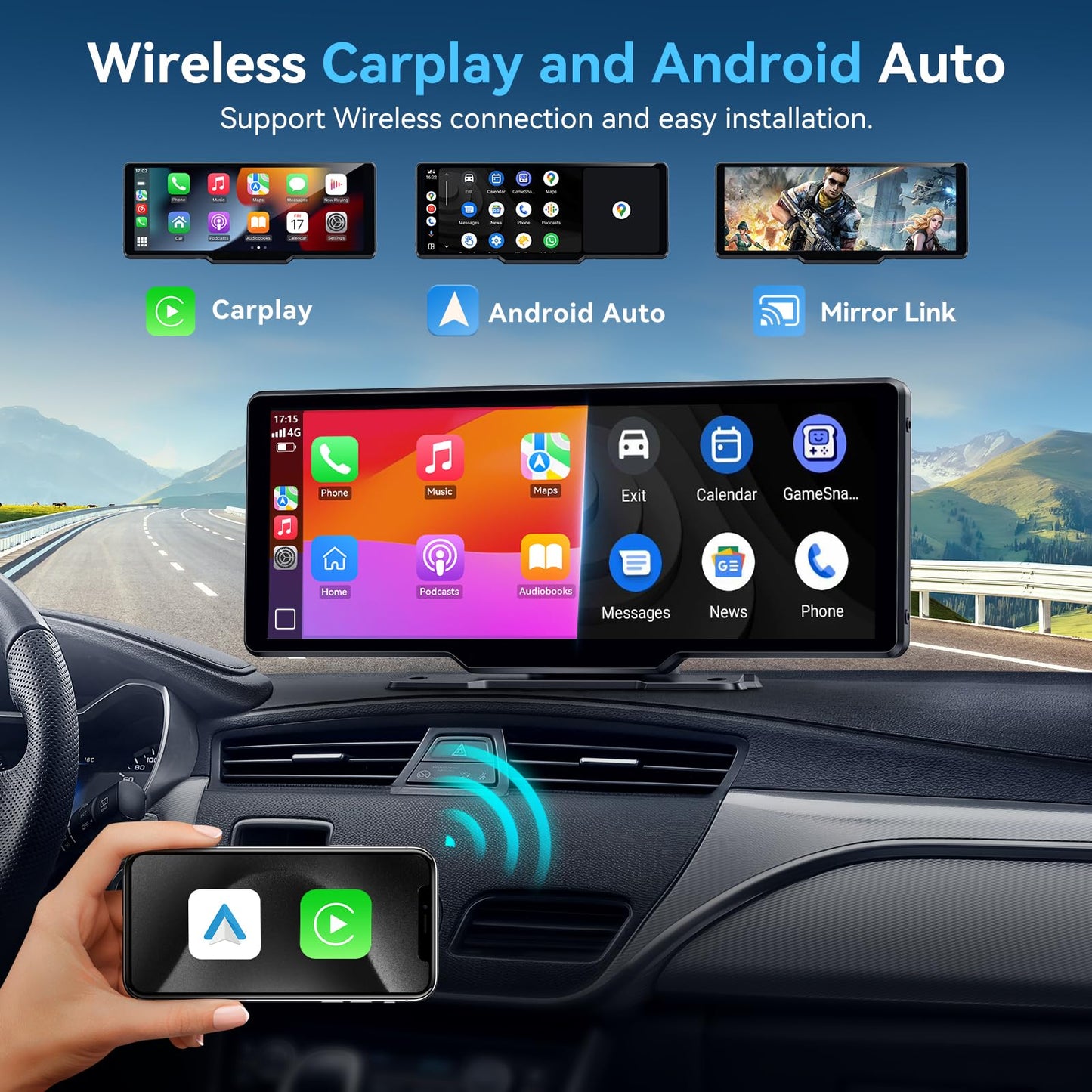 Portable Carplay Screen for Car, 10.26" Wireless Carplay Car Stereo & Android Auto Car Play Touchscreen with 1080P Backup Camera,GPS Navigation,Voice Control,5.0 Bluetooth (10.26inch)