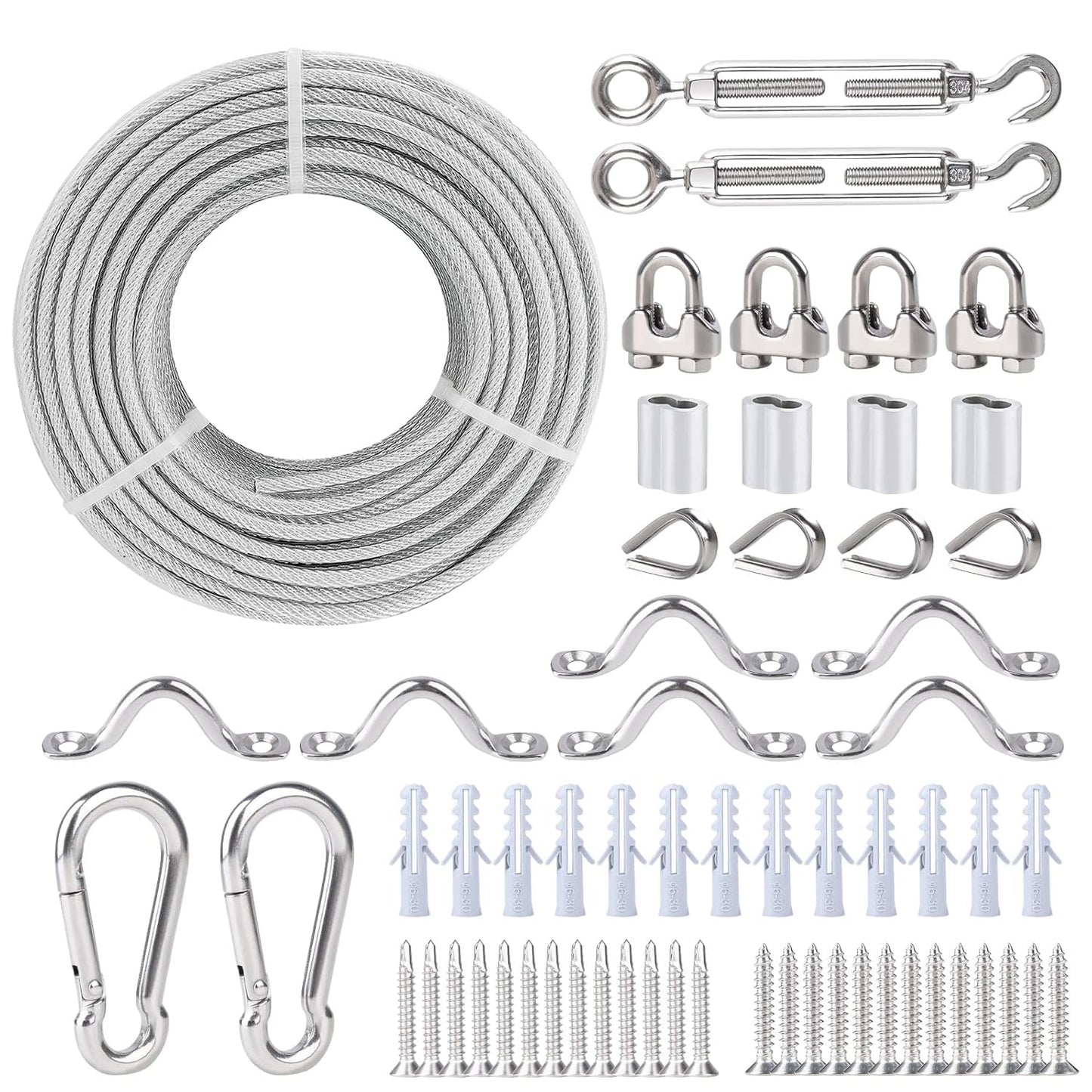 hannger 3/16" Wire Rope Kit, 100 Ft PVC Coated Steel Cable w/ 7×7 Strand Core, Stainless Steel Turnbuckle Wire Tensioner Kit for Decking Stair Railing, Shade Sail, String Light Hanging, Clothes Line